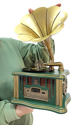 Колонка-граммофон с металлической трубой, радио/BT/USB/AUX, зеленый, Фонограф 1901