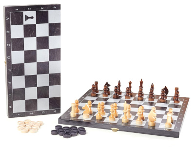 Игра 2в1 малая черная, рисунок серебро с походными деревянными шахматами (шашки, шахматы) "Классика"